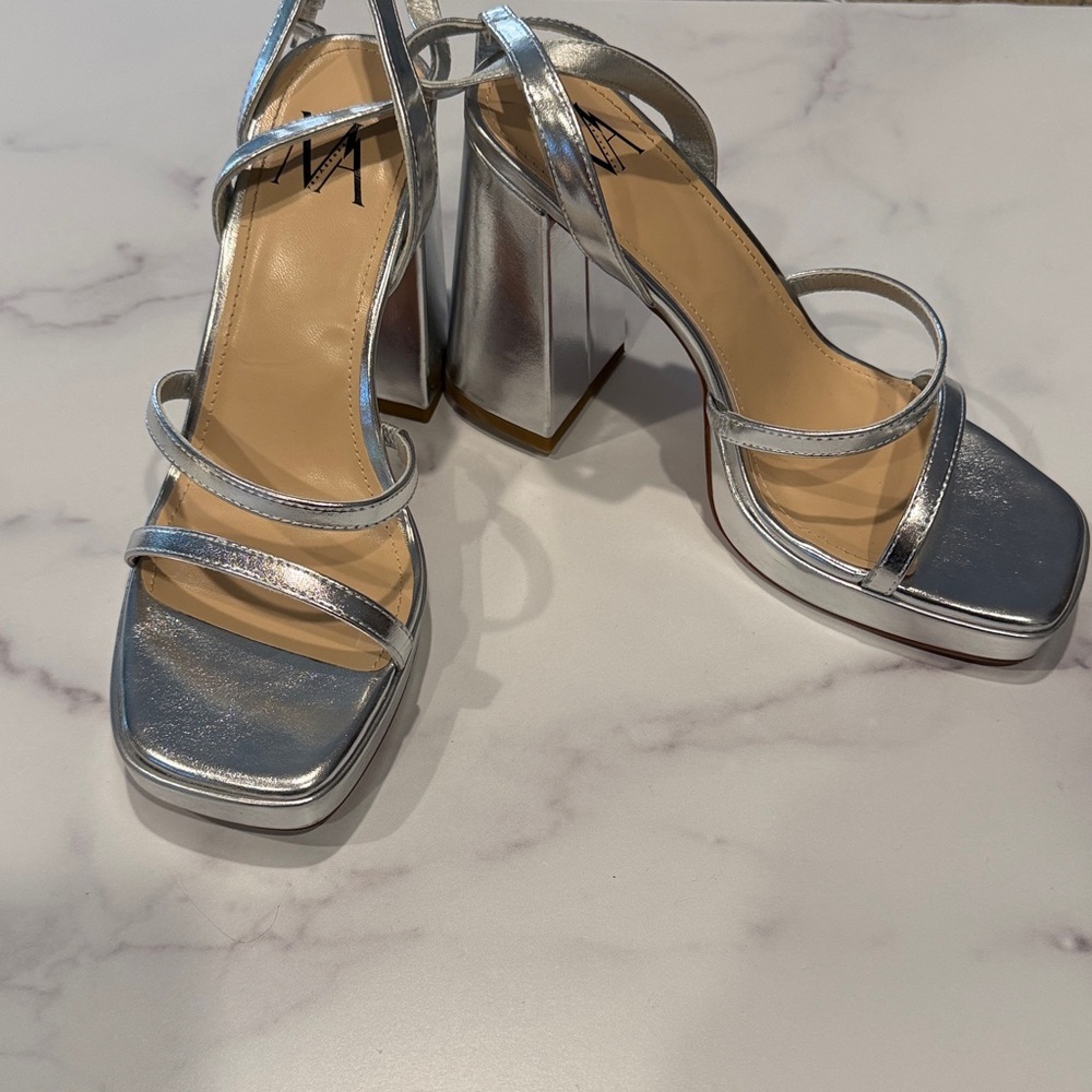 Silver Strappy Platform Block Heel Sandals - Women